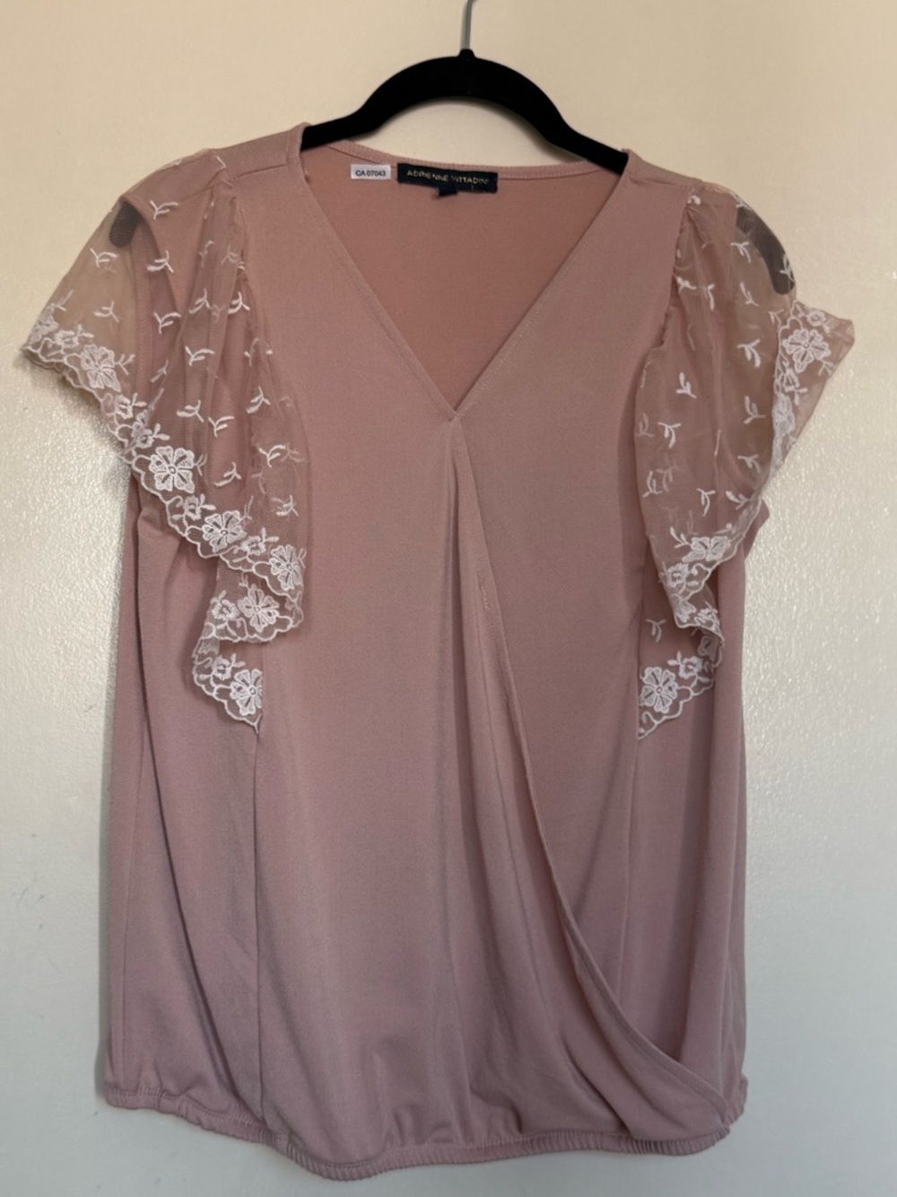 Adrienne Vittadini Blush Pink V-Neck Blouse with Lace Flutter Sleeves